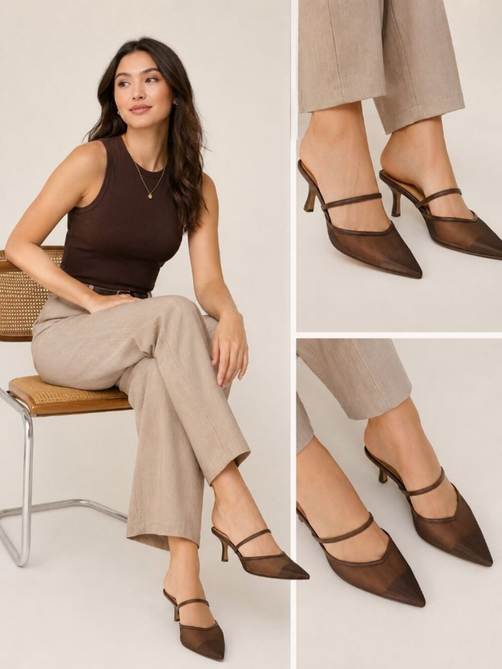 A New Day Pointed Toe Sheer Mesh Kitten heel mules Women Shoes Chocolate Size 11